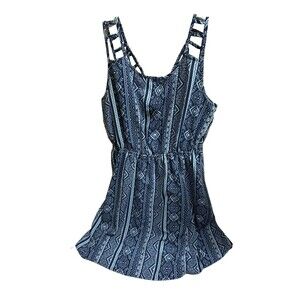 Miss Daisy Blue White Geometric Woven Square Neck Smocked Sundress L